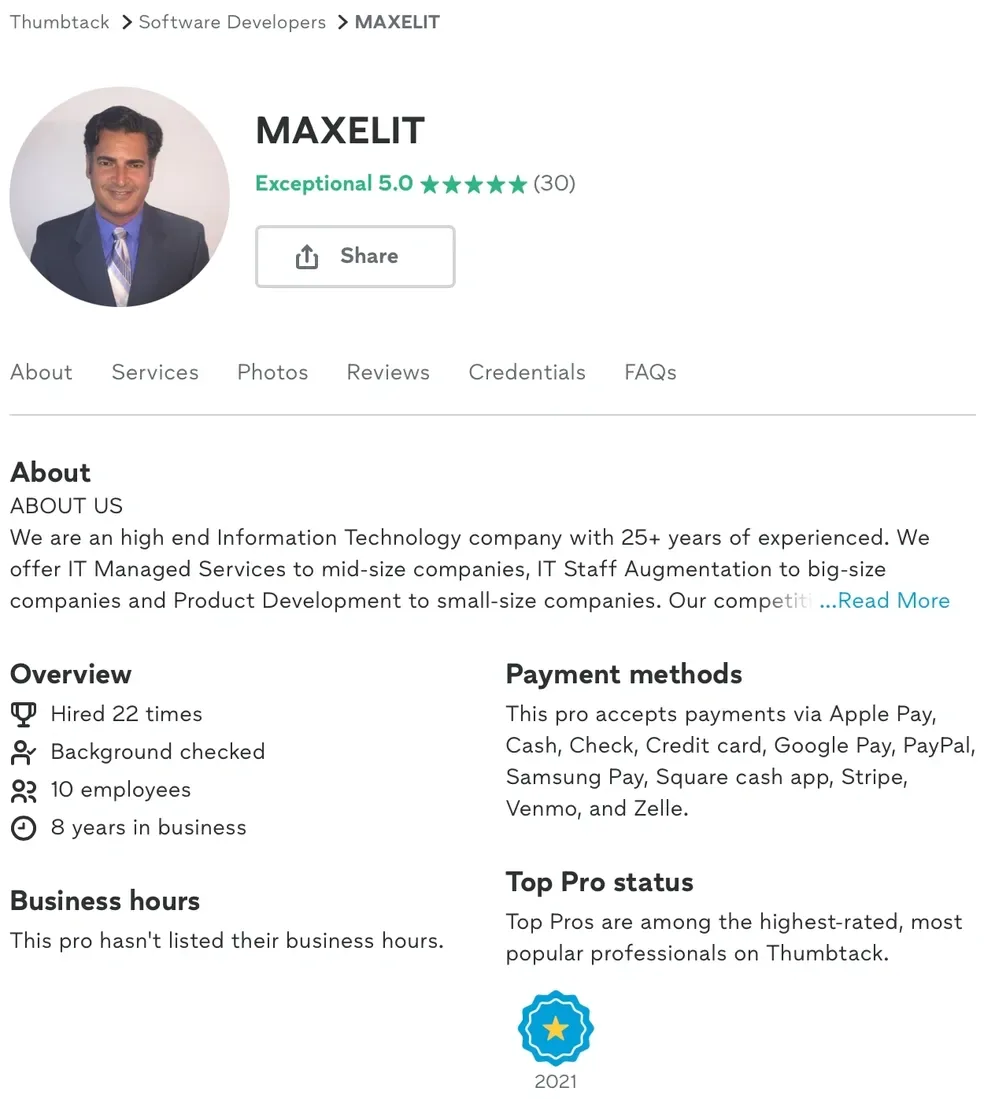 MAXELIT Thumbtack client reviews